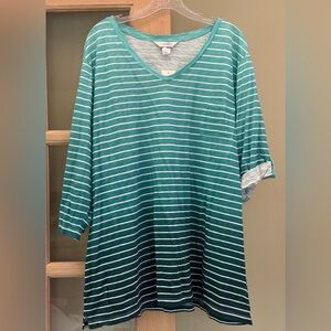 CJ Banks Aqua and White Striped V-Neck Top